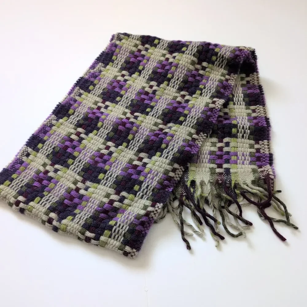 ECHO‎ Scarf Italian Knit Woven Plaid Purple Tan Gray Green Fringe - Wool Blend